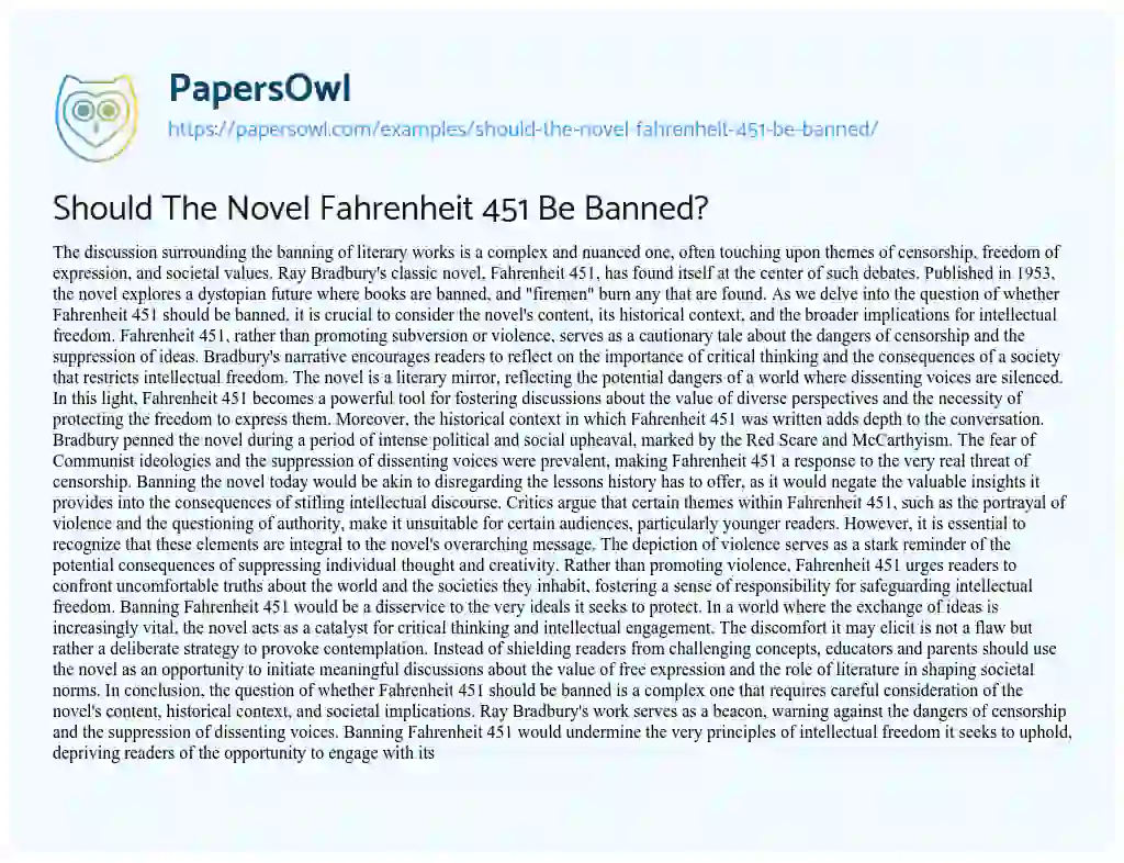 Essay on Should the Novel Fahrenheit 451 be Banned?