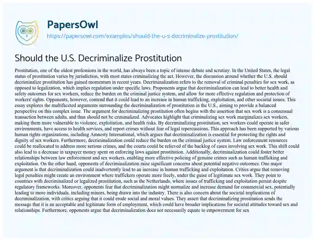 Essay on Should the U.S. Decriminalize Prostitution