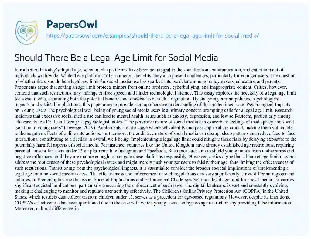 Essay on Should There Be a Legal Age Limit for Social Media