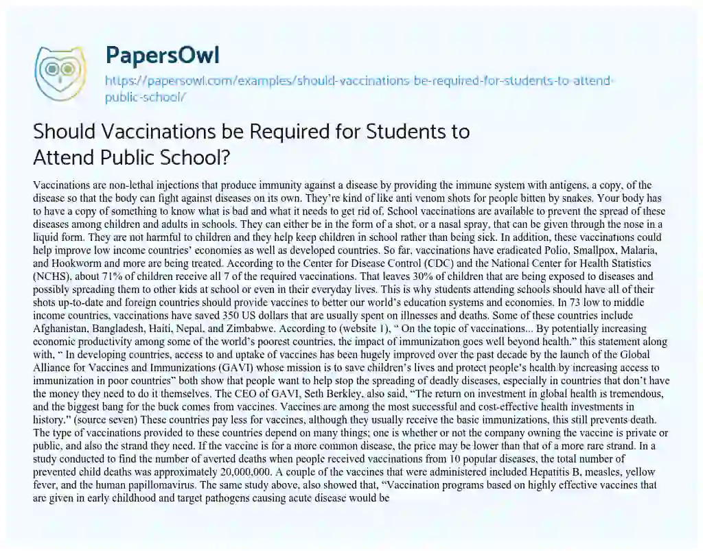 Should Vaccinations be Required for Students to Attend Public School? essay