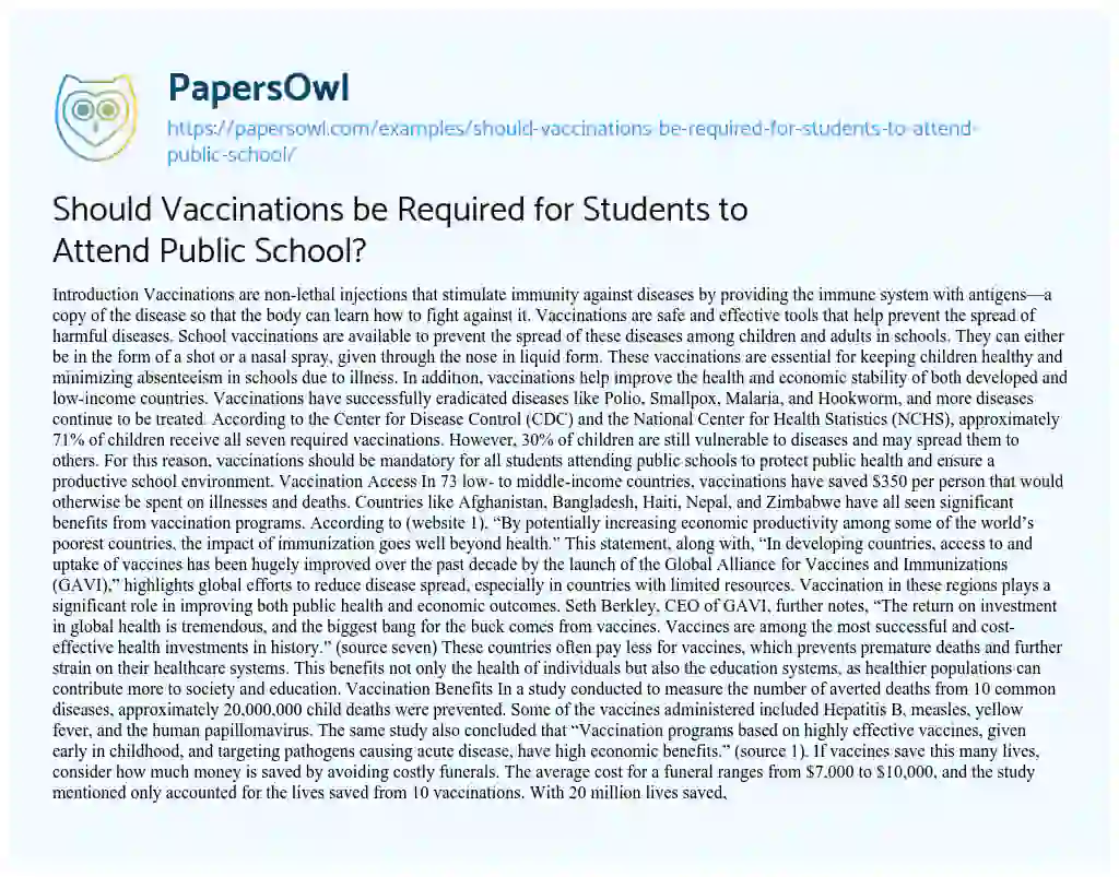 Essay on Should Vaccinations be Required for Students to Attend Public School?