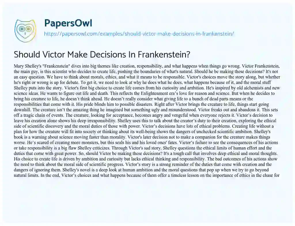 Essay on Should Victor Make Decisions in Frankenstein?