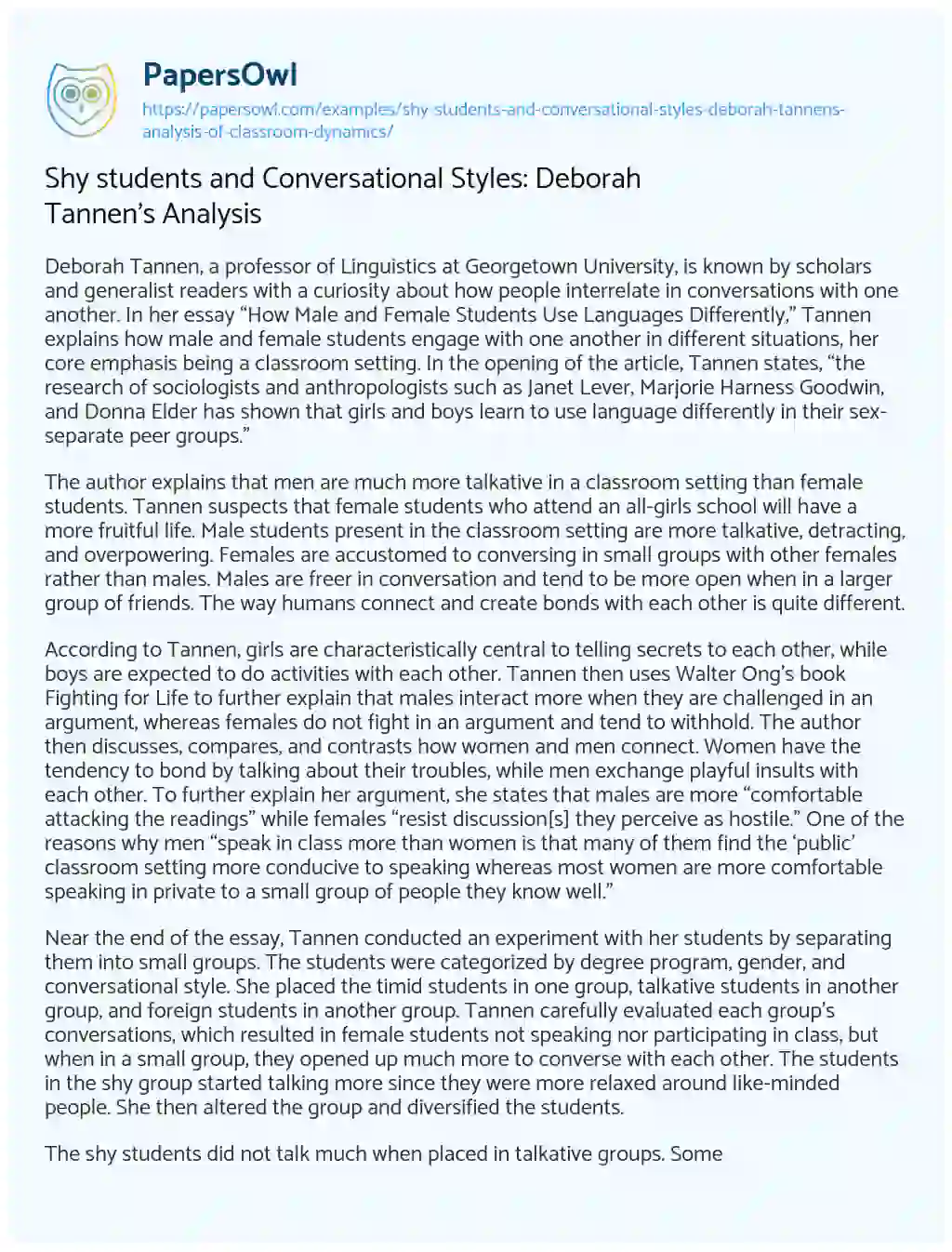 Essay on Shy Students and Conversational Styles: Deborah Tannen’s Analysis