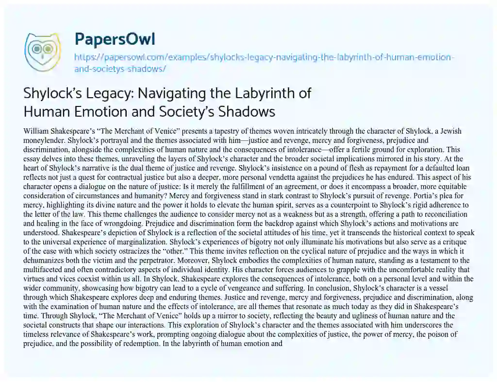 Essay on Shylock’s Legacy: Navigating the Labyrinth of Human Emotion and Society’s Shadows