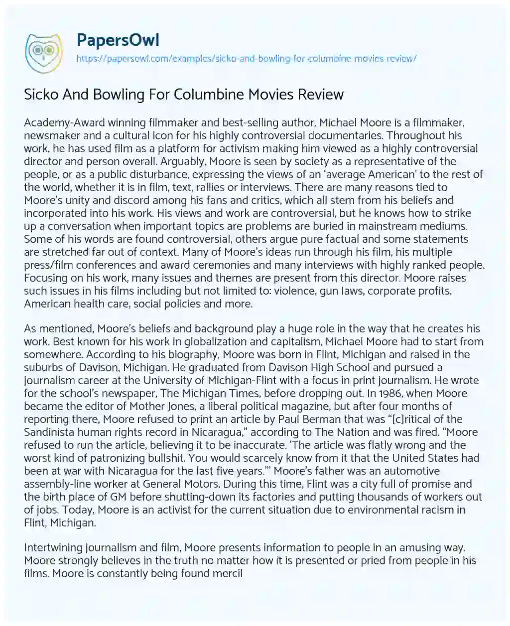 Essay on Sicko and Bowling for Columbine Movies Review
