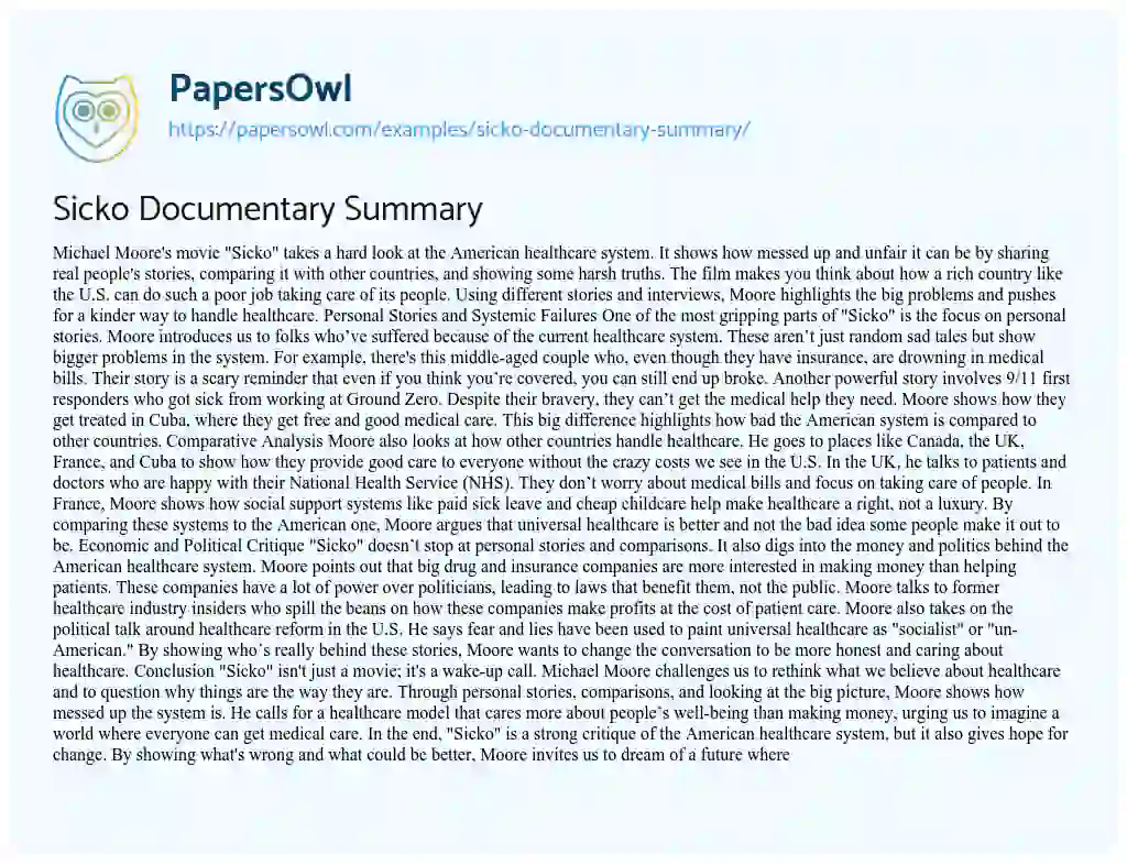 Essay on Sicko Documentary Summary