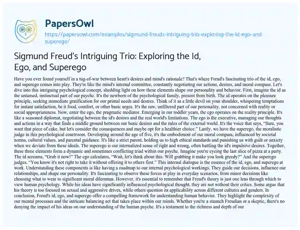 Essay on Sigmund Freud’s Intriguing Trio: Exploring the Id, Ego, and Superego