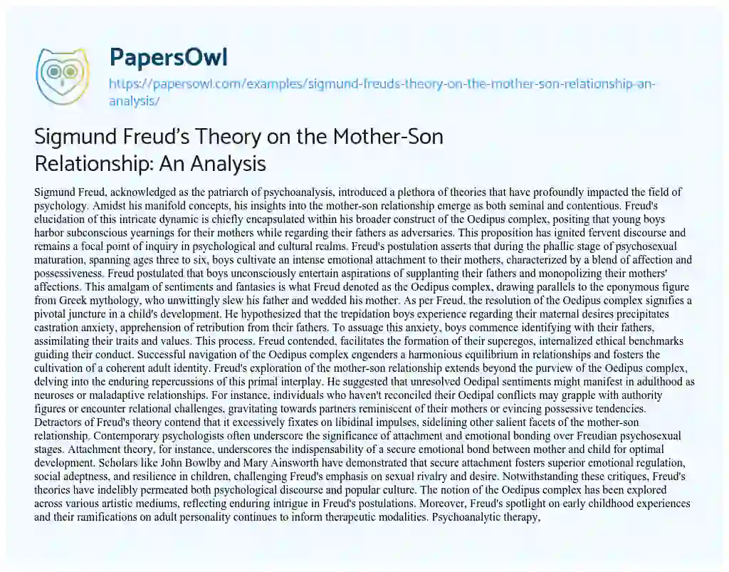 Essay on Sigmund Freud’s Theory on the Mother-Son Relationship: an Analysis