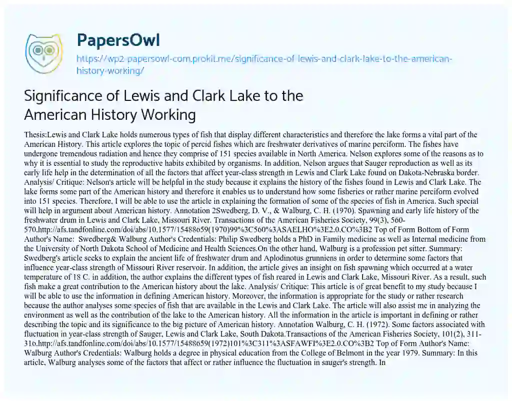 Essay on Significance of Lewis and Clark Lake to the American History Working