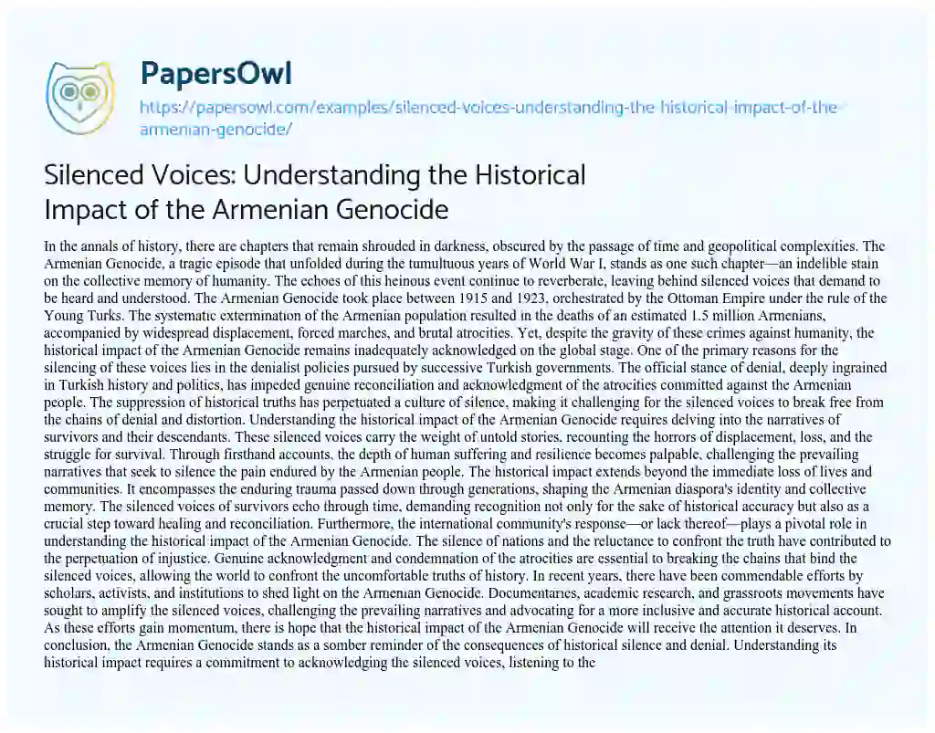Essay on Silenced Voices: Understanding the Historical Impact of the Armenian Genocide