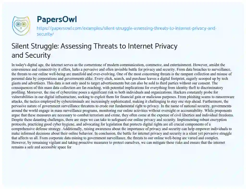Essay on Silent Struggle: Assessing Threats to Internet Privacy and Security