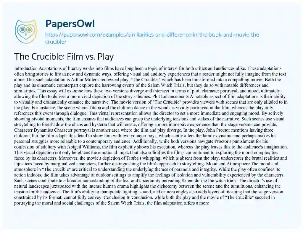 the crucible difference between movie and play essay