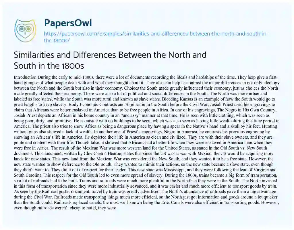 Essay on Similarities and Differences between the North and South in the 1800s
