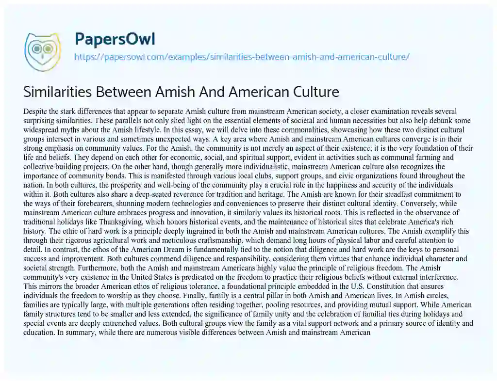 Essay on Similarities between Amish and American Culture