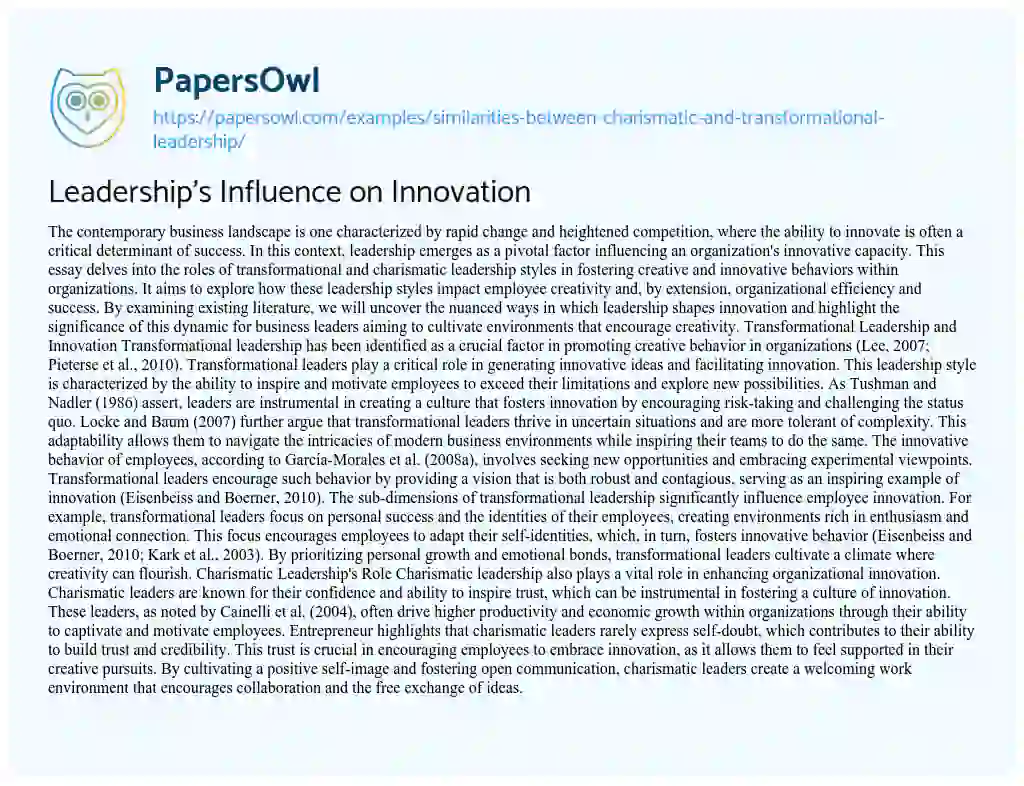 Essay on Similarities between Charismatic and Transformational Leadership