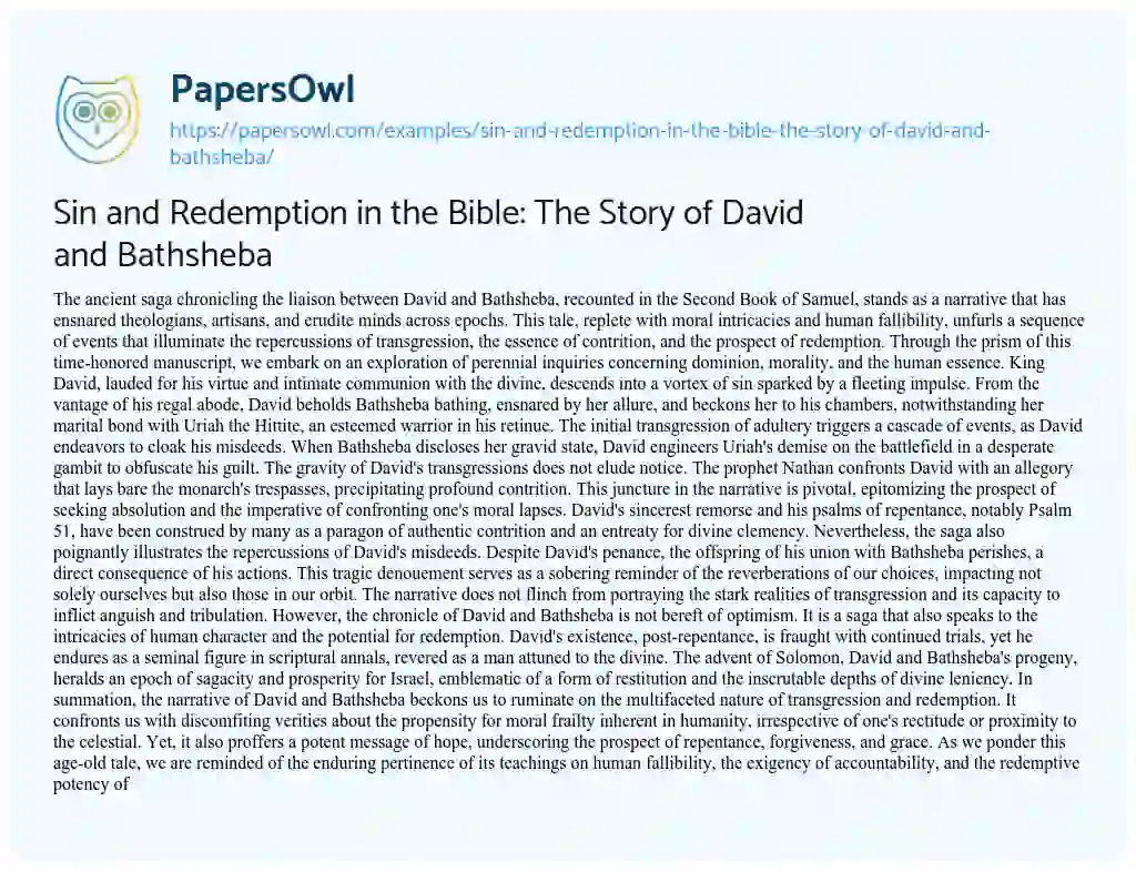 Essay on Sin and Redemption in the Bible: the Story of David and Bathsheba