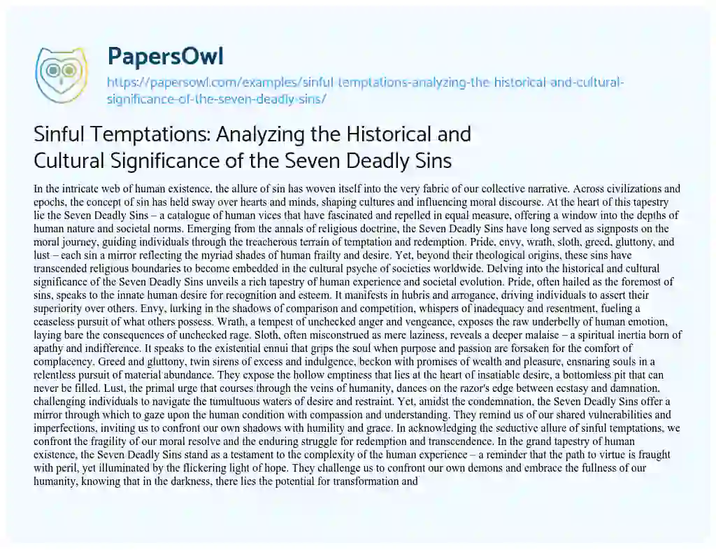 Essay on Sinful Temptations: Analyzing the Historical and Cultural Significance of the Seven Deadly Sins