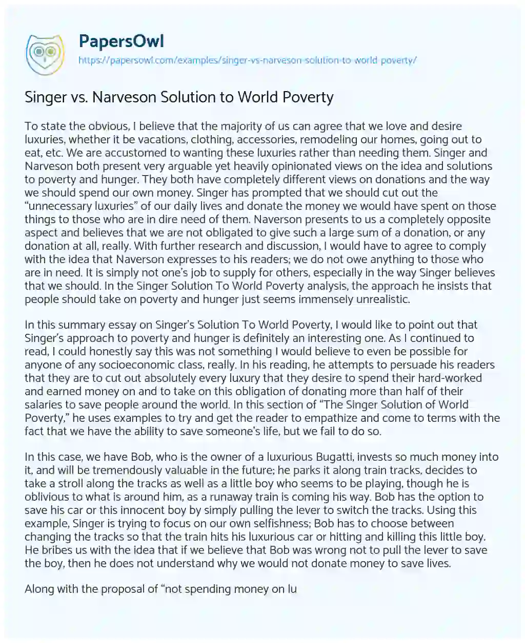 Essay on Singer Vs. Narveson Solution to World Poverty