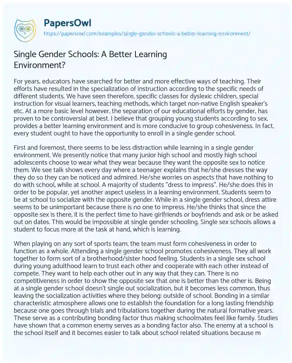 Essay on Single Gender Schools: a Better Learning Environment?