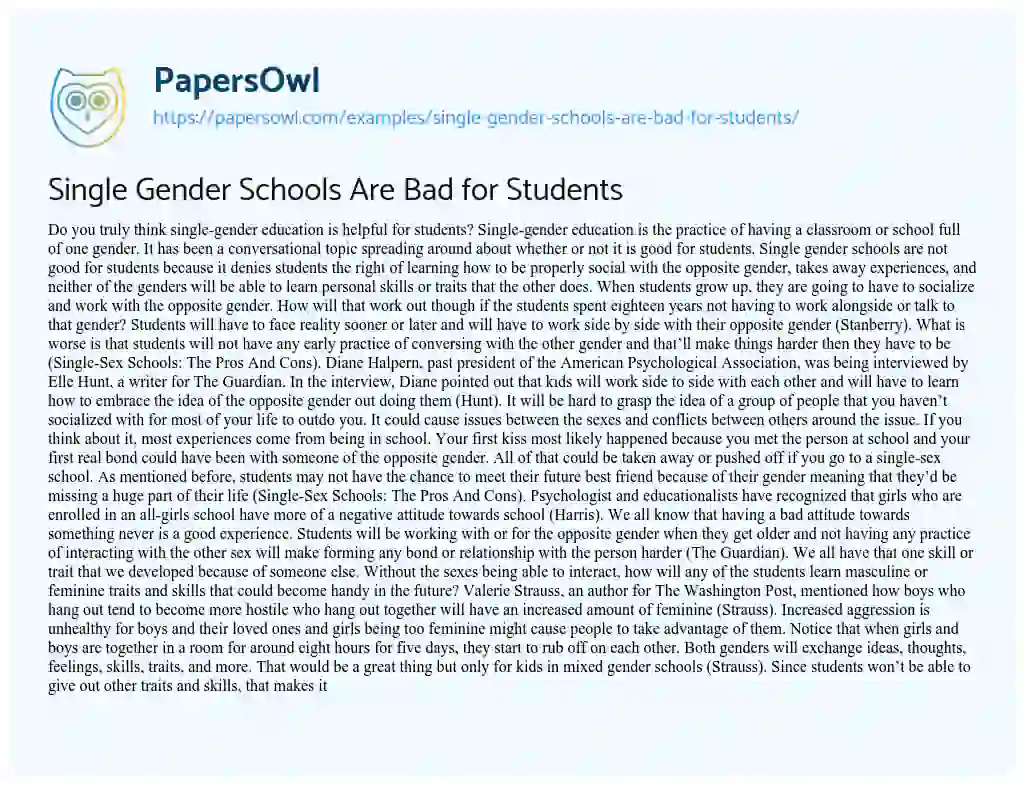 Essay on Single Gender Schools are Bad for Students