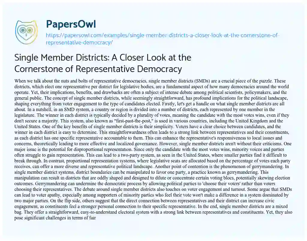 Essay on Single Member Districts: a Closer Look at the Cornerstone of Representative Democracy