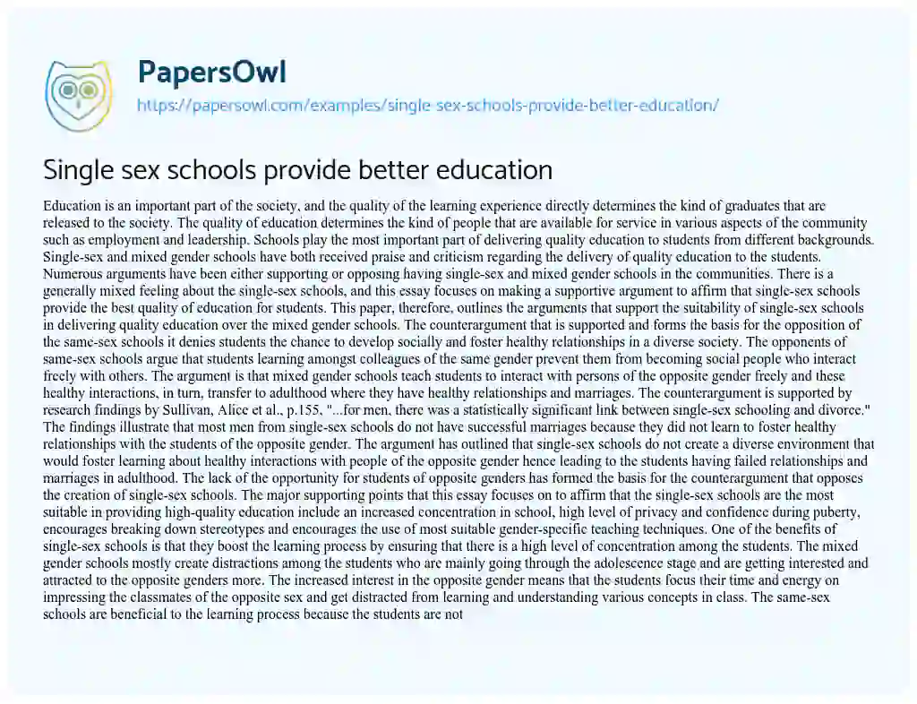 Essay on Single Sex Schools Provide Better Education