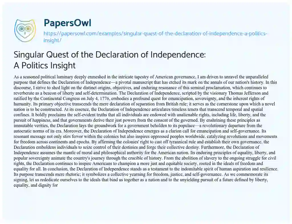 Essay on Singular Quest of the Declaration of Independence: a Politics Insight