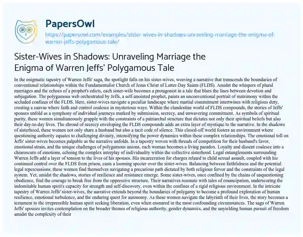 Essay on Sister-Wives in Shadows: Unraveling Marriage the Enigma of Warren Jeffs’ Polygamous Tale