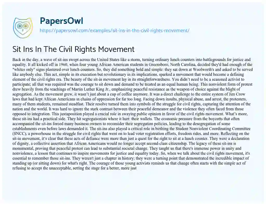 Essay on Sit Ins in the Civil Rights Movement