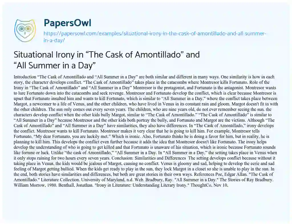 Essay on Situational Irony in “The Cask of Amontillado” and “All Summer in a Day”