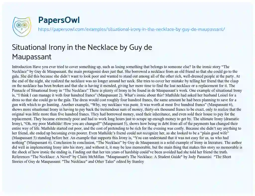 Essay on Situational Irony in the Necklace by Guy De Maupassant