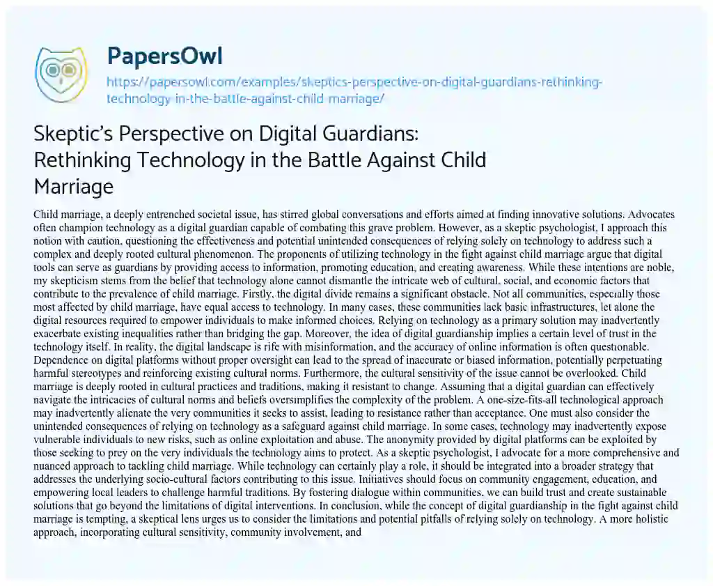 Essay on Skeptic’s Perspective on Digital Guardians: Rethinking Technology in the Battle against Child Marriage