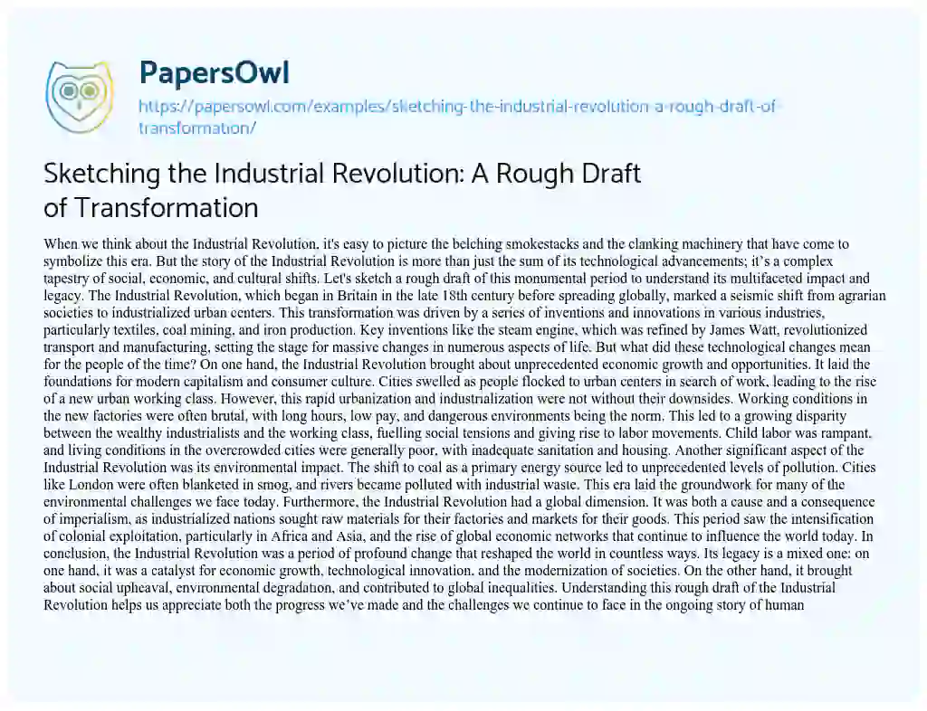 Essay on Sketching the Industrial Revolution: a Rough Draft of Transformation