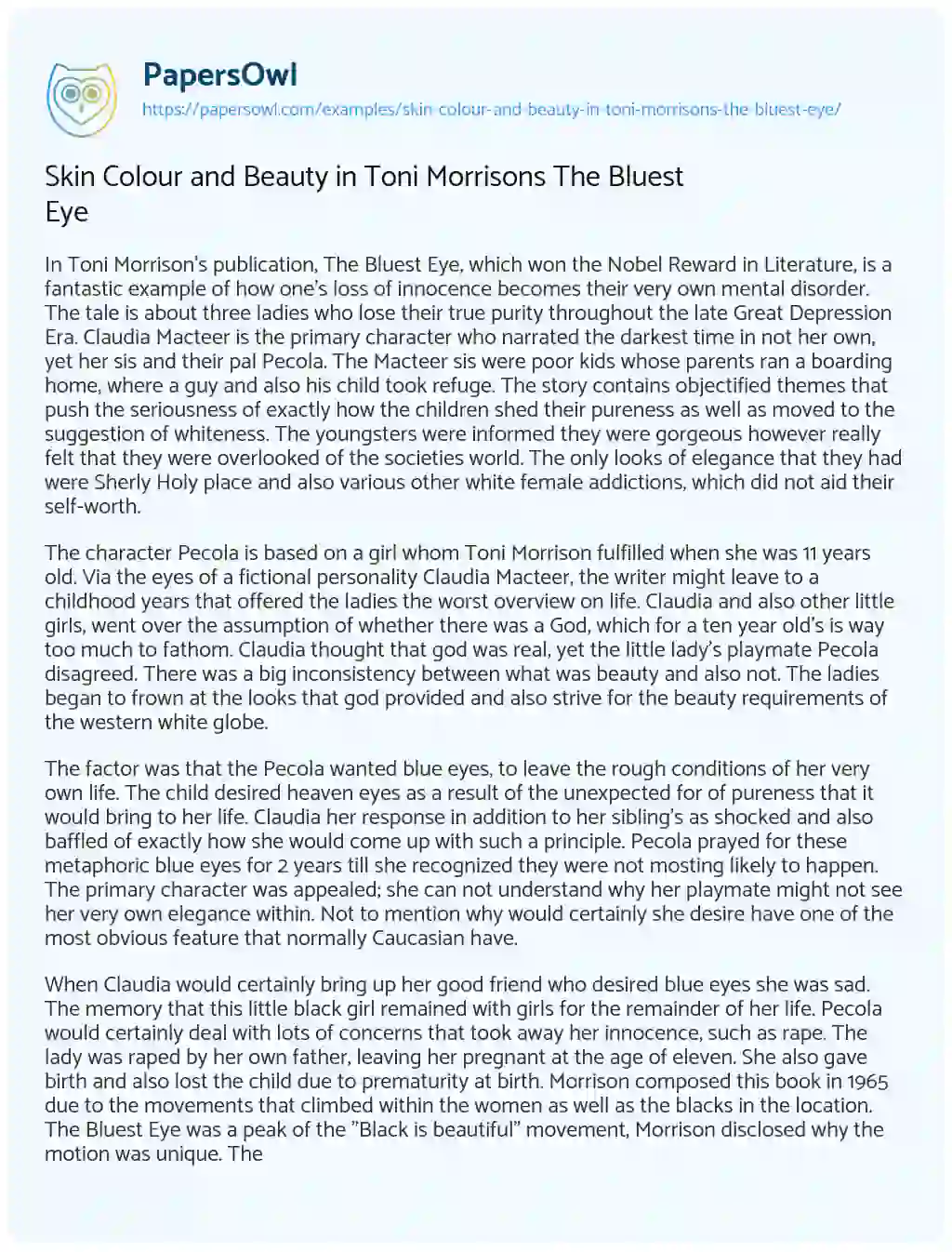 Essay on Skin Colour and Beauty in Toni Morrisons the Bluest Eye