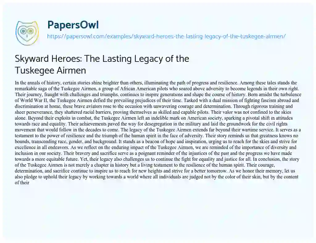 Essay on Skyward Heroes: the Lasting Legacy of the Tuskegee Airmen