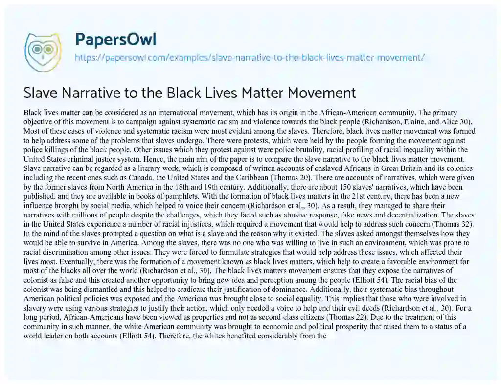 Slave Narrative to the Black Lives Matter Movement essay