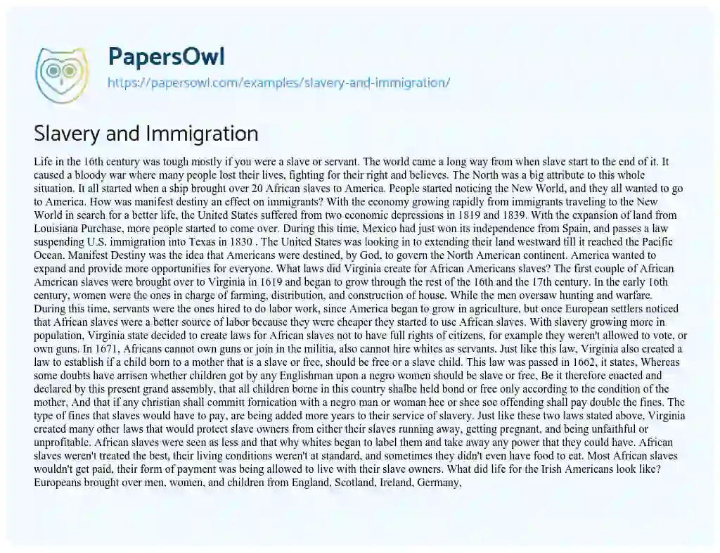 Essay on Slavery and Immigration