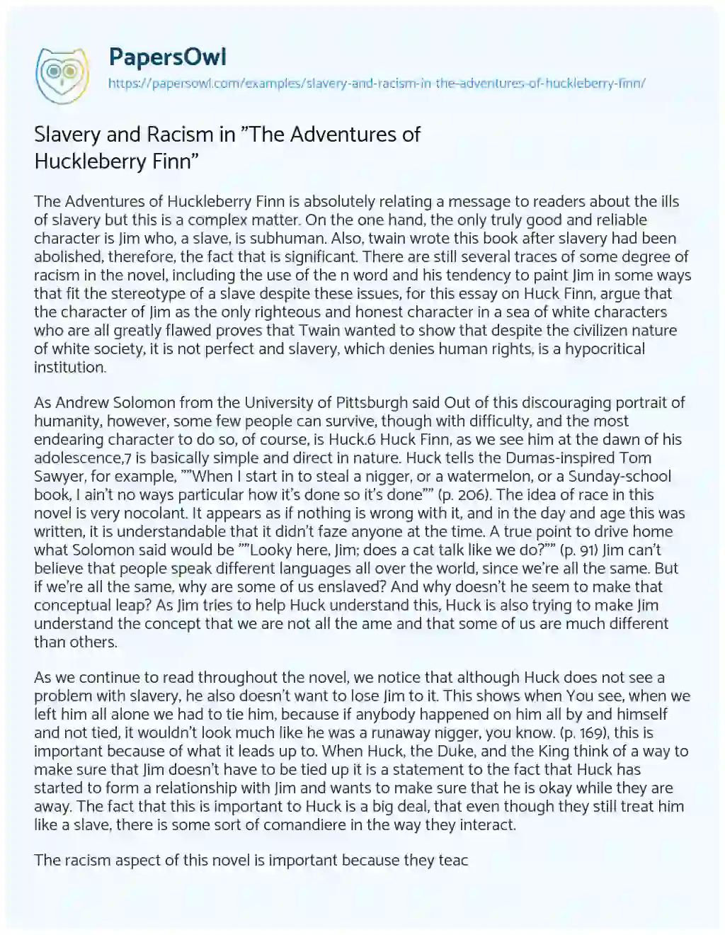 Essay on Slavery and Racism in “The Adventures of Huckleberry Finn”