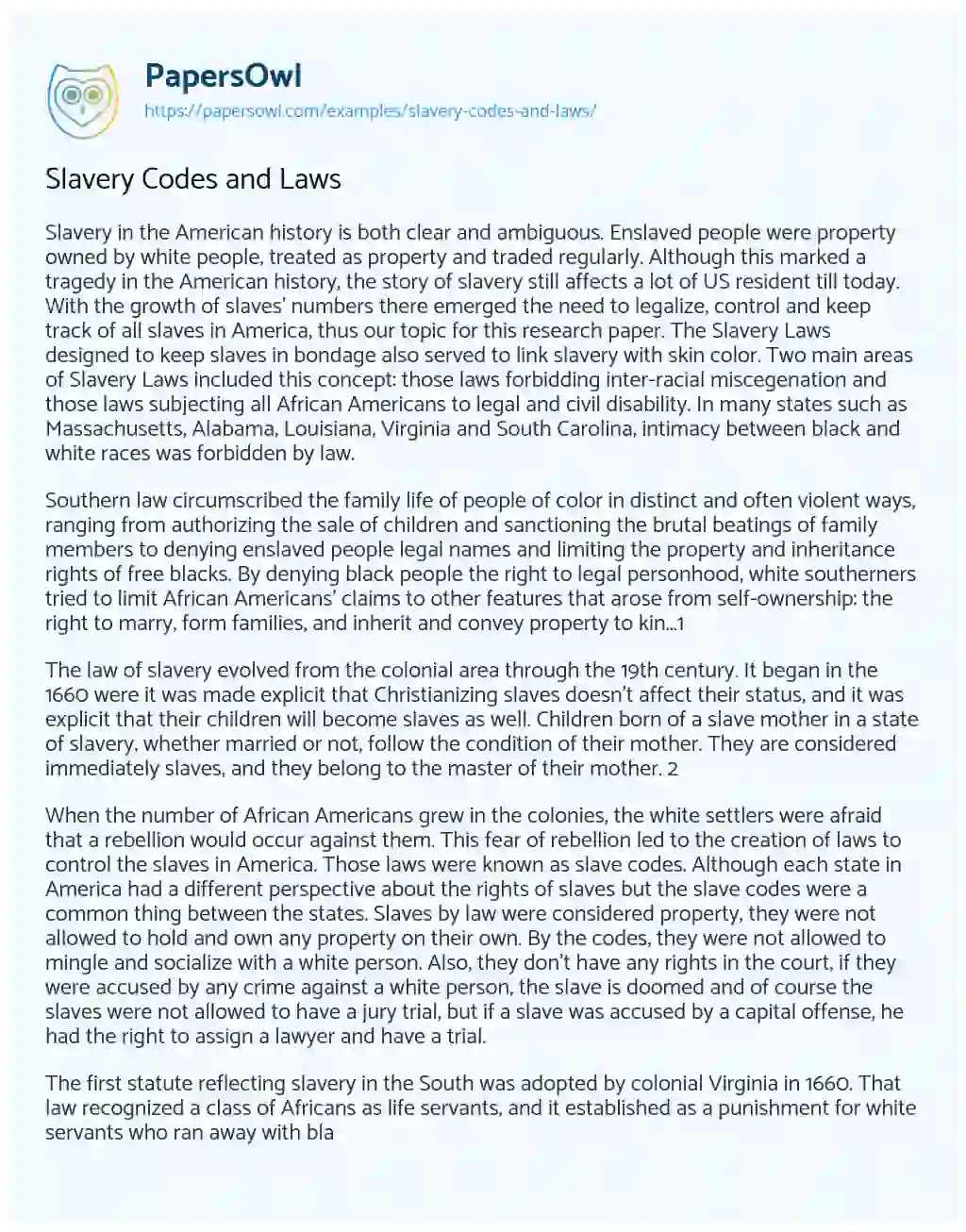 Slavery Codes and Laws essay