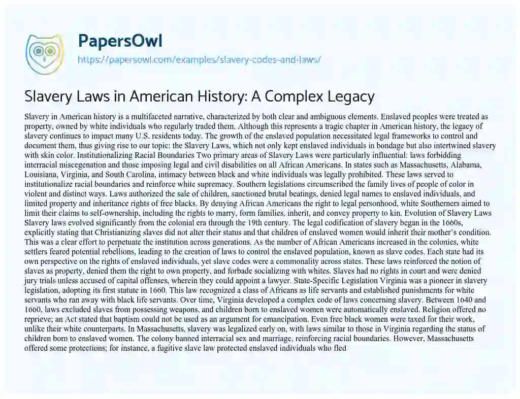 Essay on Slavery Codes and Laws