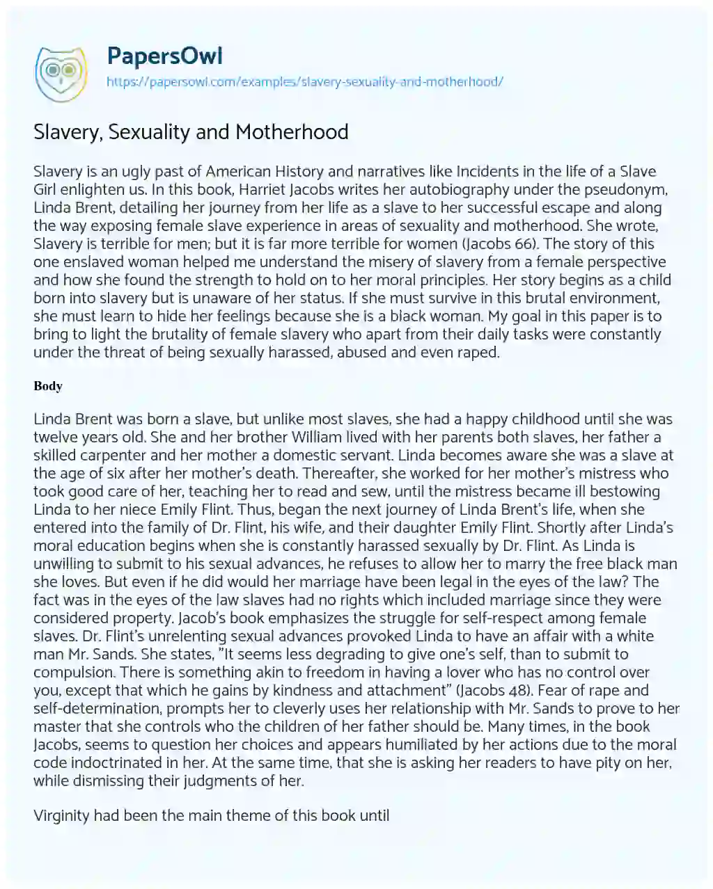 Essay on Slavery, Sexuality and Motherhood