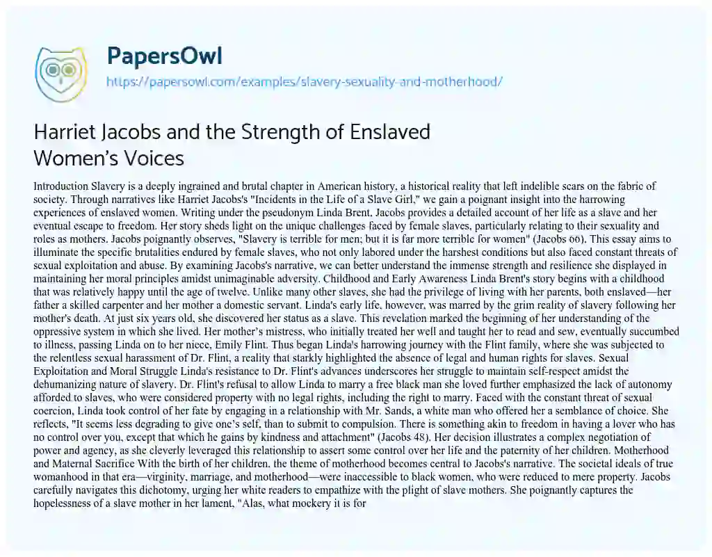 Essay on Slavery, Sexuality and Motherhood