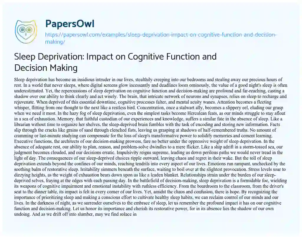 Essay on Sleep Deprivation: Impact on Cognitive Function and Decision Making