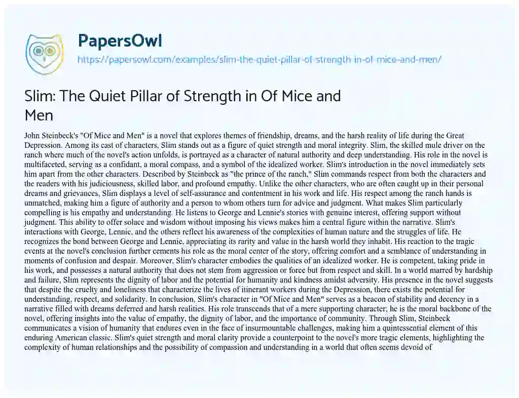 Essay on Slim: the Quiet Pillar of Strength in of Mice and Men