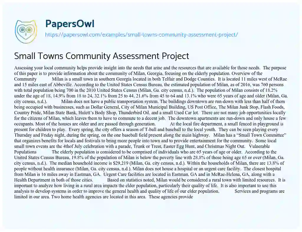 Essay on Small Towns Community Assessment Project