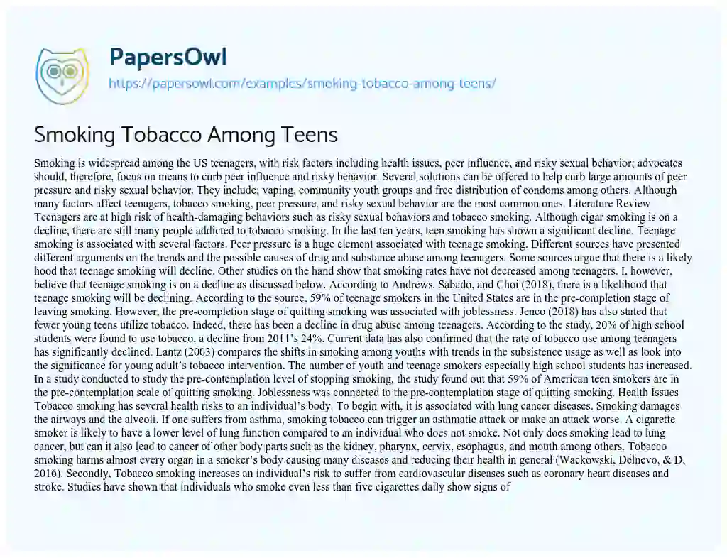 Essay on Smoking Tobacco Among Teens