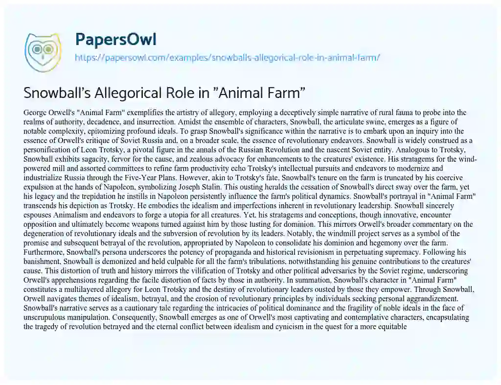 Essay on Snowball’s Allegorical Role in “Animal Farm”
