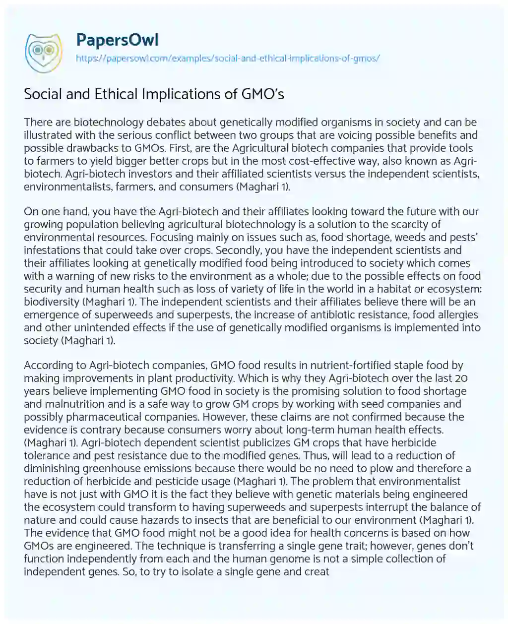 Essay on Social and Ethical Implications of GMO’s