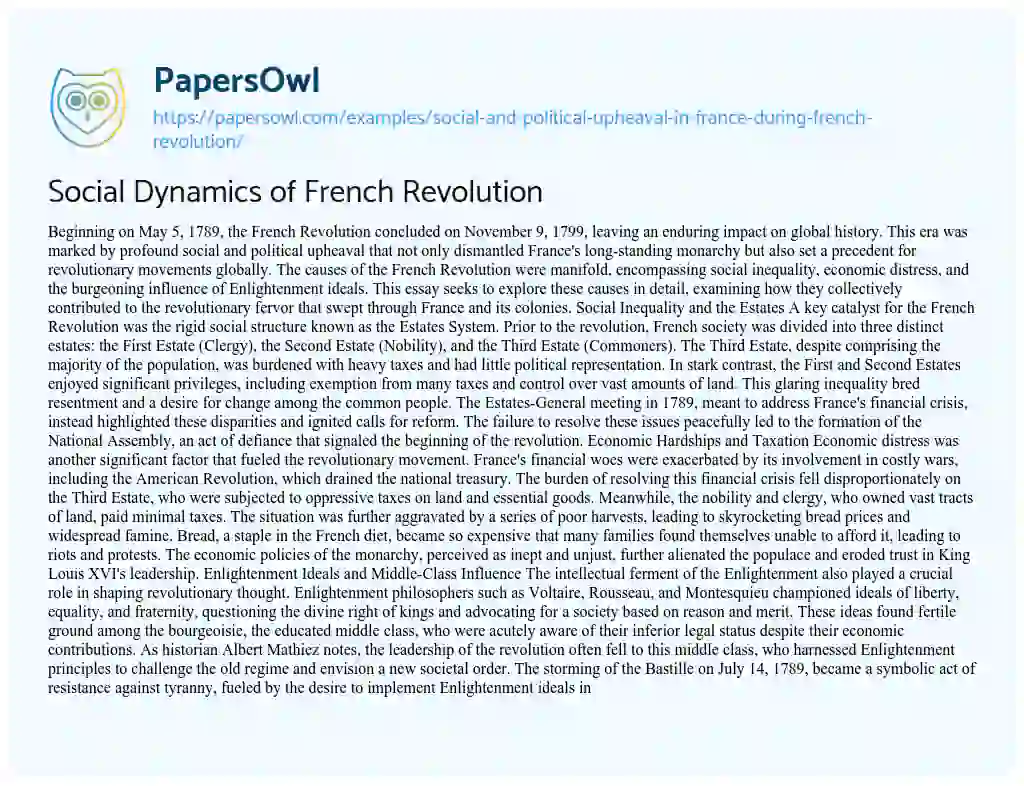 Essay on Social and Political Upheaval in France during French Revolution