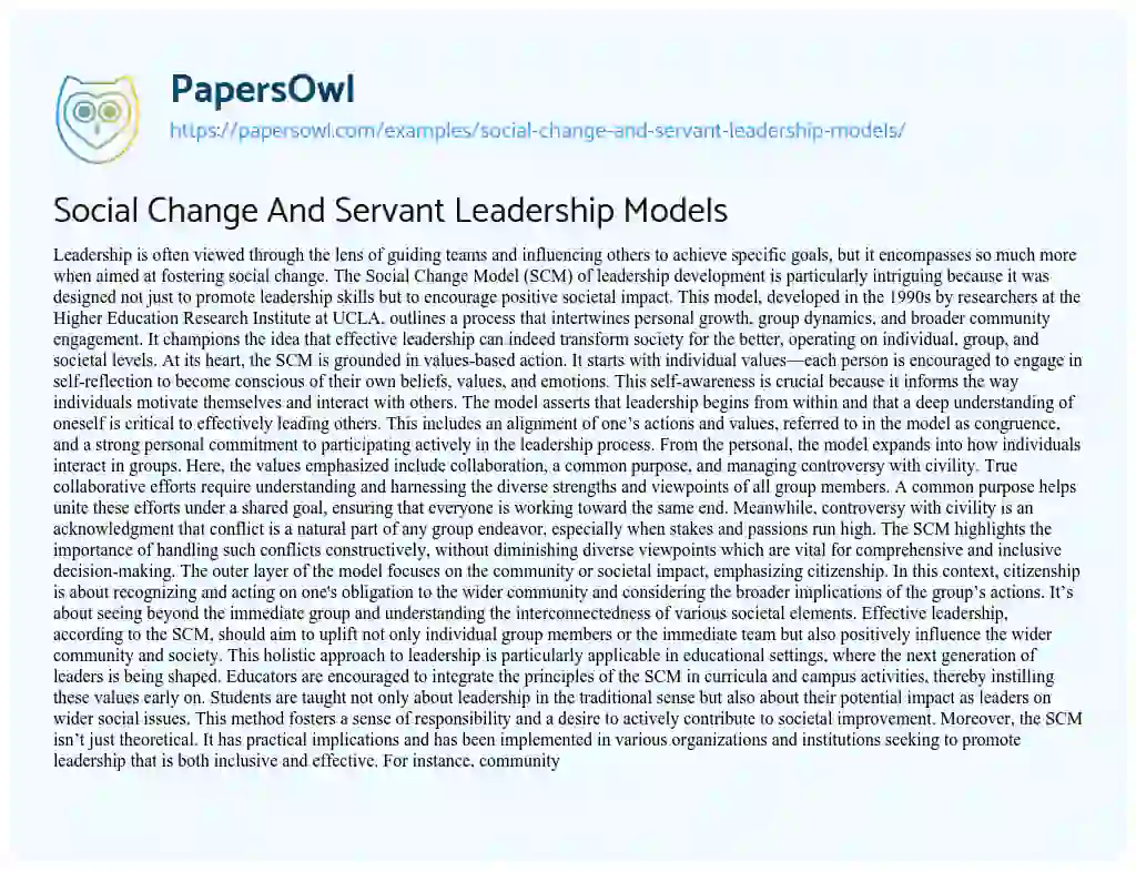 Essay on Social Change and Servant Leadership Models